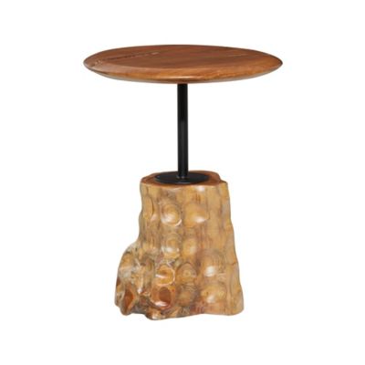 Image showing  Brown Teak Wood Handmade Live Edge Raised Tabletop Accent Table with Tree Stump Base 18 in. x 18 in. x 23 in.