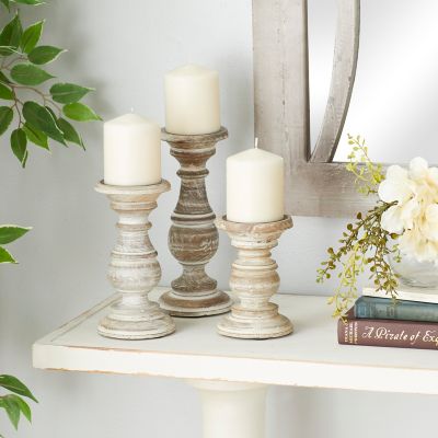 Harper & Willow White Mango Wood Traditional Candle Holders, 6 in., 8 in., 10 in., 3 pc., 51326
