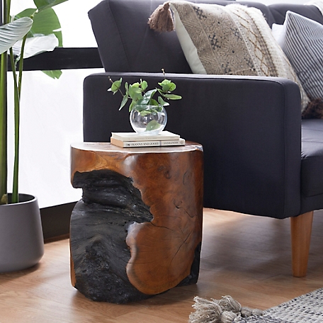 Harper & Willow Brown Teak Wood Handmade Live Edge Stump Accent Table with Charred Detailing, 14" x 14" x 18"