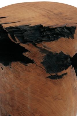 Image showing  Brown Teak Wood Handmade Live Edge Stump Accent Table with Charred Detailing, 14" x 14" x 18"