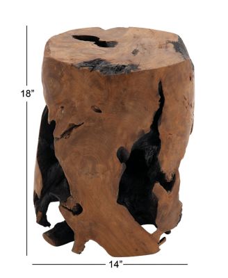 Image showing  Brown Teak Wood Handmade Live Edge Stump Accent Table with Charred Detailing, 14" x 14" x 18"