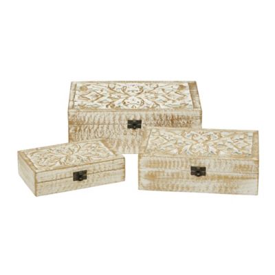 Image showing  Natural Rectangular Distressed White Wooden Filigree Decorative Box Set, Assorted, 3 pc.