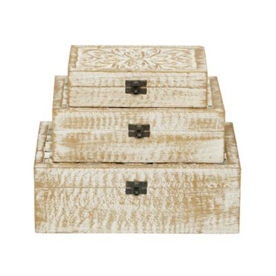Image showing  Natural Rectangular Distressed White Wooden Filigree Decorative Box Set, Assorted, 3 pc.