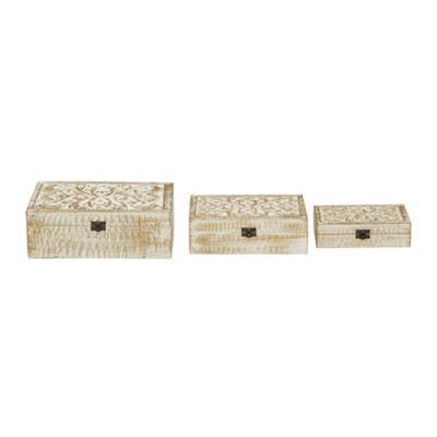 Image showing  Natural Rectangular Distressed White Wooden Filigree Decorative Box Set, Assorted, 3 pc.