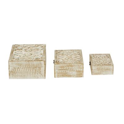 Image showing  Natural Rectangular Distressed White Wooden Filigree Decorative Box Set, Assorted, 3 pc.