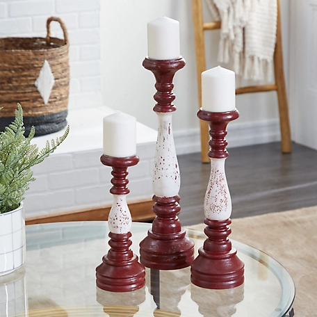 Harper & Willow Red and White Wood Farmhouse Candlestick Holder, 20 in. x 5 in. x 5 in., 45380