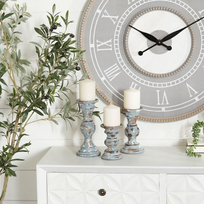 Harper & Willow Assorted Mango Wood Country Cottage Candle Holders, Light Blue, 3-Pack