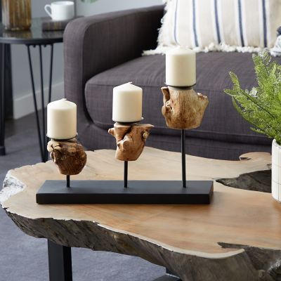 Harper & Willow Black Teak Wood Natural Candlestick Holders, 12 in. x 18 in. x 5 in., 21672