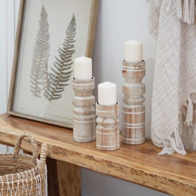 Harper & Willow Brown Wood Natural Candle Holders, 14 in., 11 in., 8 in., 3 pc., 39724