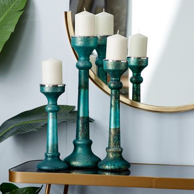 Harper & Willow 3 pc. Green Glass Vintage Candleholder Set, 12 in., 16 in., 19 in., 82773