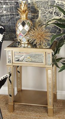 Harper & Willow Chinese Fir Glam Accent Table, Beige