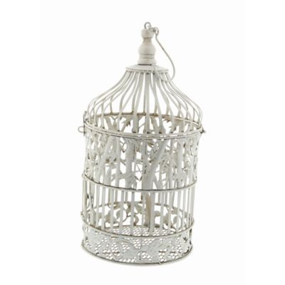 Image showing  Vintage Distressed White Metal Floral Bird Cages, 22 in., 15 in., Set of 2