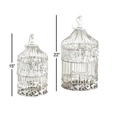 Image showing  Vintage Distressed White Metal Floral Bird Cages, 22 in., 15 in., Set of 2