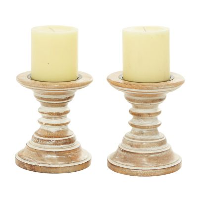 Image showing  Brown Mango Wood Traditional Candle Holders, 6 in., 5 in., 2 pc., 51513