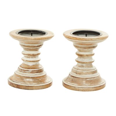 Image showing  Brown Mango Wood Traditional Candle Holders, 6 in., 5 in., 2 pc., 51513