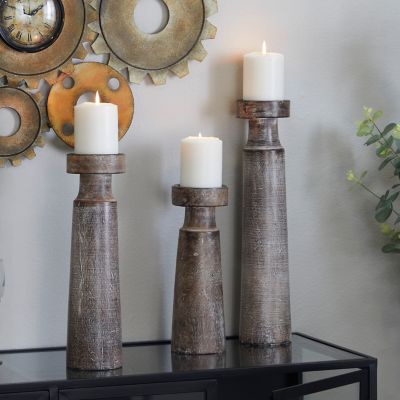 Harper & Willow Assorted Mango Wood Natural Candle Holders, Brown, 3-Pack