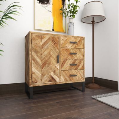 Harper & Willow Brown Mango Wood 4 Drawers 1 Shelf and 1 Door Geometric Cabinet with Wood Inlay 35" x 16" x 35"