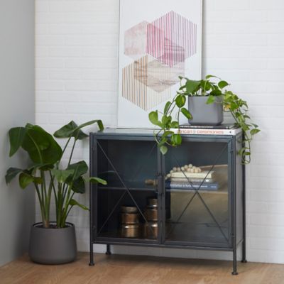 Harper & Willow Metal Geometric Cabinet with Glass Front Panels, 33 in. x 14 in. x 29 in., Black