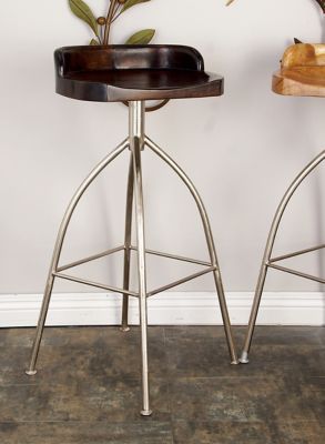 Harper & Willow Iron and Wood Contemporary Bar Stool, Brown/Silver, 33 in. x 16 in. x 12 in.