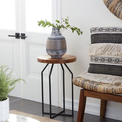 Harper & Willow Brown Teak Wood Live Edge Accent Table with Black X-Shaped Base 16 in. x 16 in. x 24 in.