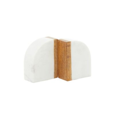 Image showing  White Marble Bookends with Wood Details Set of 2 4"W, 5"H
