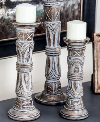 Harper & Willow Light Brown Mango Wood Traditional Candle Holders, 18 in., 15 in., 12 in., 3 pc., 51524