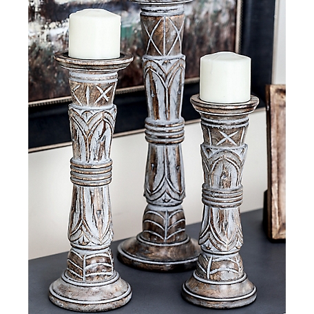 Harper & Willow Light Brown Mango Wood Traditional Candle Holders, 18 in., 15 in., 12 in., 3 pc., 51524