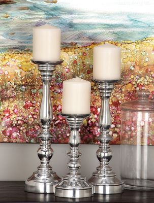 Harper & Willow Silver Aluminum Traditional Candle Holders, 14 in., 12 in., 10 in., 3 pc., 30919