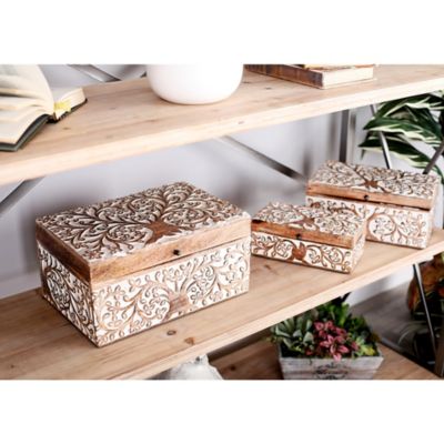 Harper & Willow Natural Rectangular Brown Wooden Botanical Decorative Boxes, 6 in., 4 in., 3 in., 3 pc.