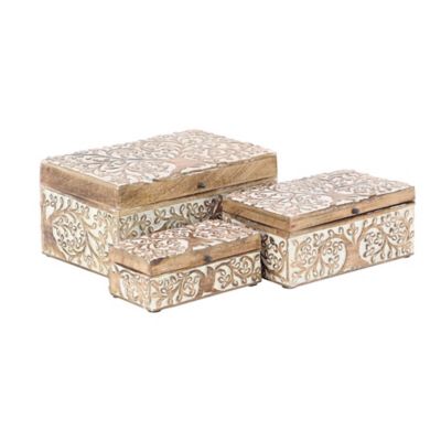 Image showing  Natural Rectangular Brown Wooden Botanical Decorative Box Set, Assorted, 3 pc.