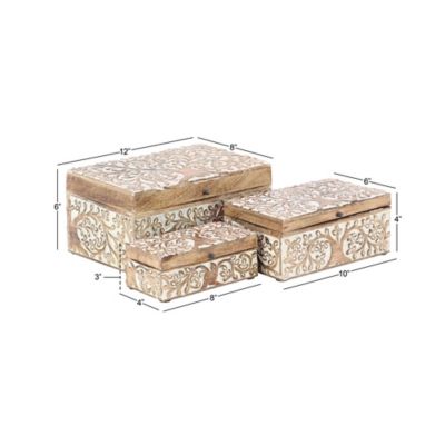 Image showing  Natural Rectangular Brown Wooden Botanical Decorative Box Set, Assorted, 3 pc.