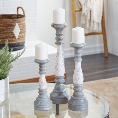 Harper & Willow Gray Wood Turned Style Pillar Candle Holders with White Accents, 20 in., 16 in., 12 in., 3 pc., 45378