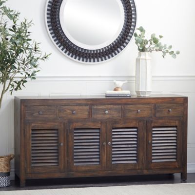 Harper & Willow Rustic Brown Mahogany Wood Console Cabinet with Drawers and Louvre Type Doors, 32 in. x 64 in. x 17 in.