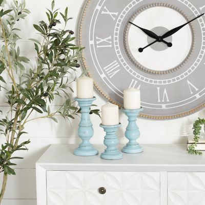 Harper & Willow Assorted Mango Wood Coastal Candle Holders, Light Blue, 3-Pack