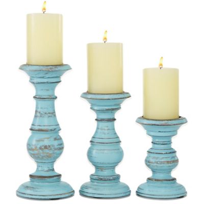 Image showing  Assorted Mango Wood Coastal Candle Holders, Light Blue, 3-Pack