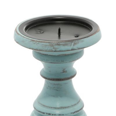 Image showing  Assorted Mango Wood Coastal Candle Holders, Light Blue, 3-Pack