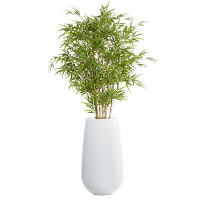 Image showing  80 in. Artificial Green Bamboo Tree in White Fiberglass Pot