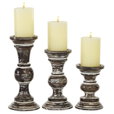 Image showing  Brown Mango Wood Country Cottage Candle Holders, Dark Brown, 6 in., 8 in., 10 in., 3 pc., 31876