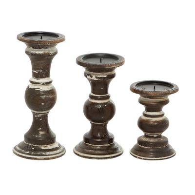 Image showing  Brown Mango Wood Country Cottage Candle Holders, Dark Brown, 6 in., 8 in., 10 in., 3 pc., 31876