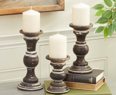 Image showing  Brown Mango Wood Country Cottage Candle Holders, Dark Brown, 6 in., 8 in., 10 in., 3 pc., 31876