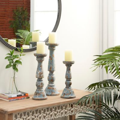 Harper & Willow Blue Mango Wood Country Cottage Candle Holders, 12 in. x 15 in. x 18 in., 3 pc., 31880