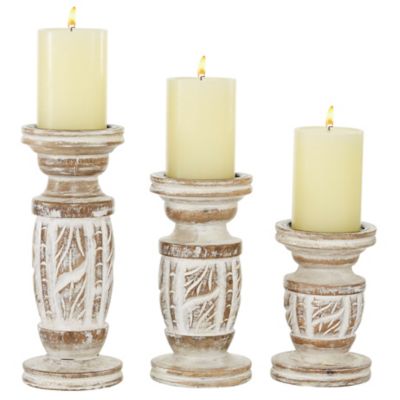 Image showing  Assorted Mango Wood Country Cottage Candle Holders, White/Light Brown, 3-Pack