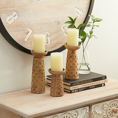 Harper & Willow Brown Mango Wood Natural Candle Holders, 6 in., 8 in., 9 in., 3 pc., 25785