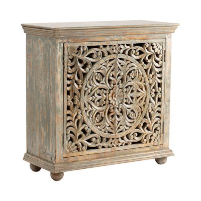 Crestview Collection Bengal Manor Mango Wood Carved Cabinet with 2 Doors