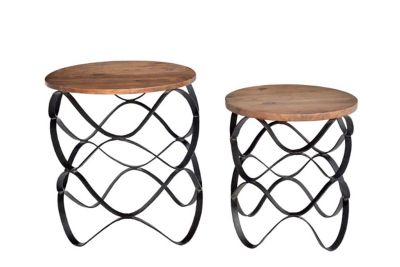 Crestview Collection Bengal Manor Set of Wavy Iron Round Accent Tables with Wood Top