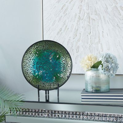 Harper & Willow Green Glass Handmade Mosaic Inspired Abstract Charger with Black Stand 14" x 2" x 14"