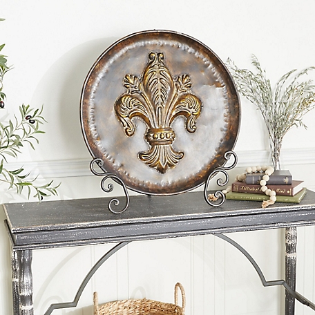 Harper & Willow Brown Metal Embossed Detail Fleur De Lis Charger with Stand 24" x 14" x 26"