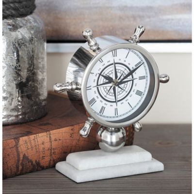 Harper & Willow Silver Stainless Steel and Ceramic Coastal Clock, 8 in. x 9 in. x 3 in.