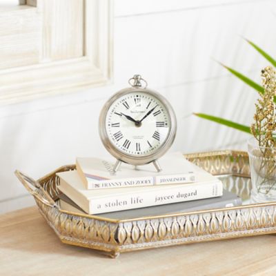 Harper & Willow Round Silver Stainless Steel and Aluminum Clock, 6 in. x 5 in. x 2 in.