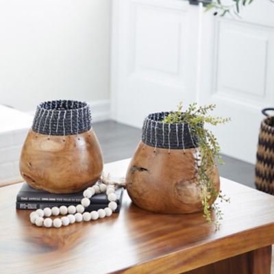 Harper & Willow Brown Wood Handmade Vase with Black Seagrass Accents, 10 in., 9 in., 2-Pack